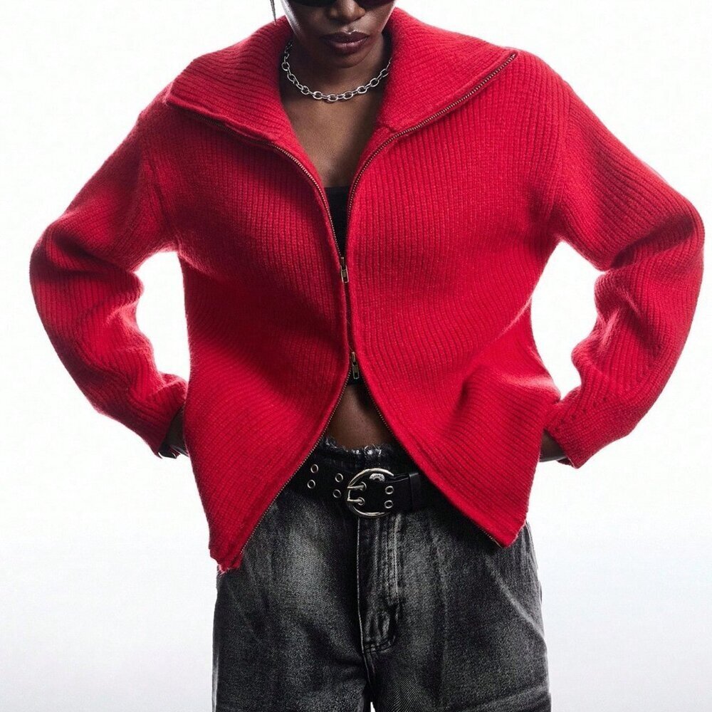 Red Casual Women's Zip-Up Cardigan